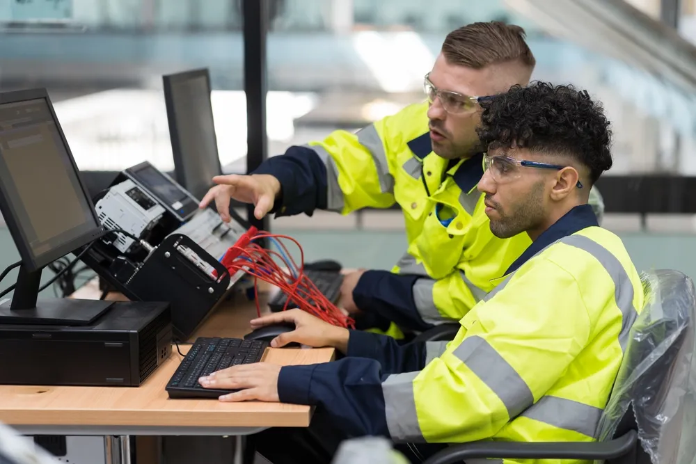 Trabajadores haciendo labores de programación industrial